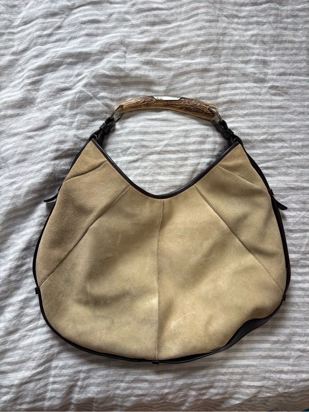 YSL Yves Saint Laurent Suede Mombasa in Beige and Dark Brown Leather
